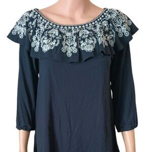 J Jill Navy Blue Flounce Top S Embroidered Ruffle Collar 3/4 Sleeve Blouse